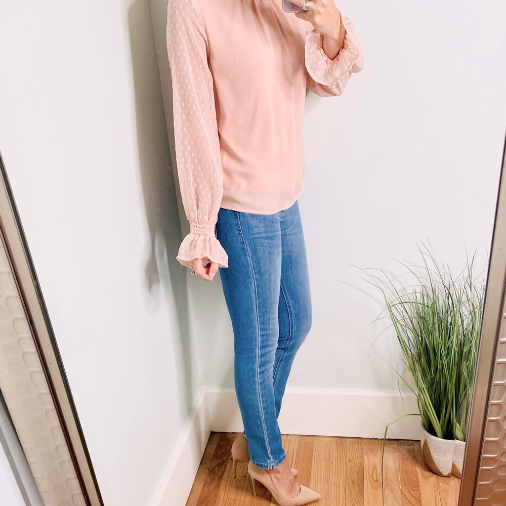 Japna pink mock neck long sleeve blouse with sheer detailed sleeves size small - Picture 6 of 9